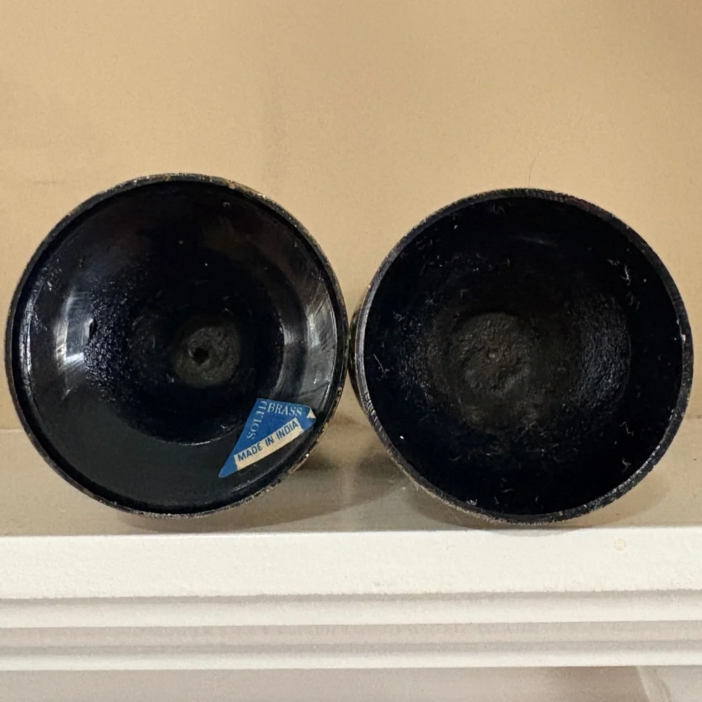 Pair of Vintage Indian Brass Vases - Black Enamel with Hand Etched Design
